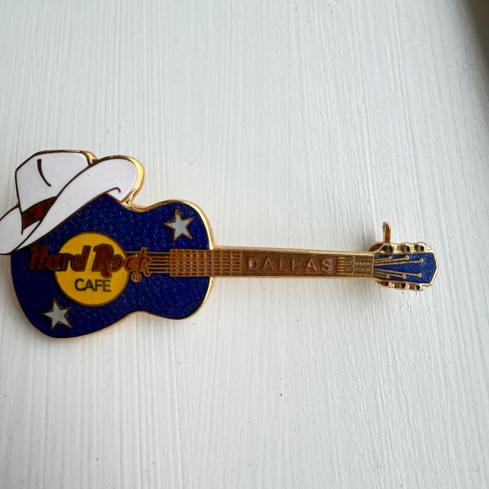 Hard Rock Cafe Dallas Guitar Cowboy Hat Pin Blue Gold Stars Music Memorabilia